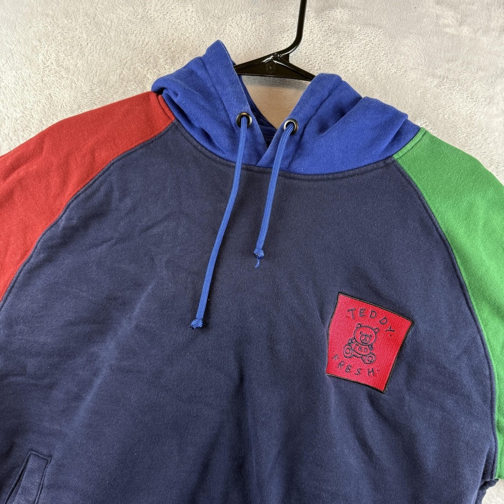 Teddy Fresh Hoodie Mens Medium Navy Colorblock Teddy Bear Patch Fleece Pullover
